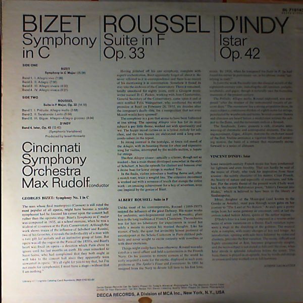 Cincinnati Symphony Orchestra (cond. Rudolf M.) — Bizet - Symphony in C. Roussel - Suite in F, op. 33. D'indy - Istar, op. 42