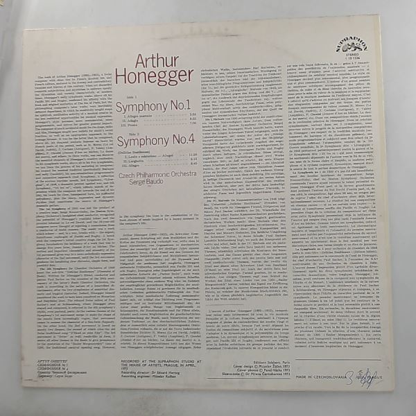 Czech Philharmonic Orchestra (cond. Baudo S.) — Honegger A. - Symphonies no. 1, no. 4 (Deliciae Basilienses)