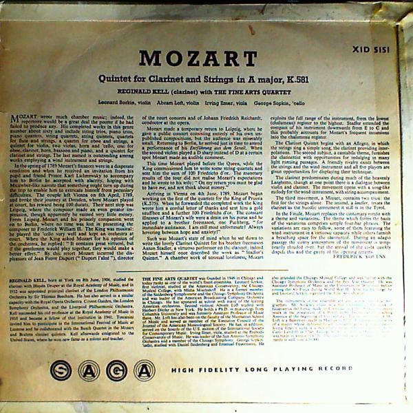 Fine Arts Quartet and Kell Reginald — Mozart: quintet for clarnet and strings in A major, k.581