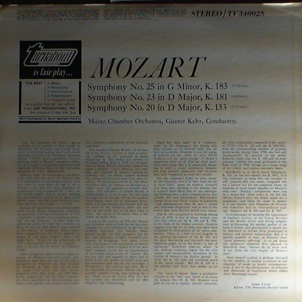 Kehr Gunter — Mozart: three early symphonies #25 in G minor (K 183)-#23 in D major (K 181)-#20 in D major (K 133)