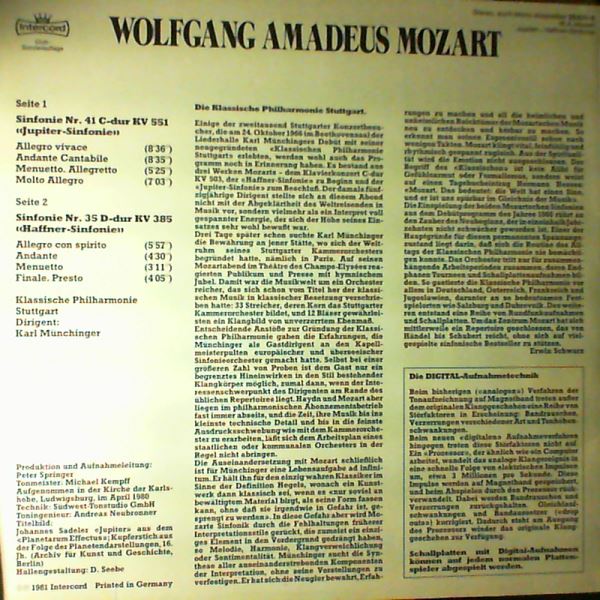 Klassische Philharmonie Stuttgart (dir. Munchinger K.) — Mozart - Jupiter Sinfonie, Haffner Sinfonie