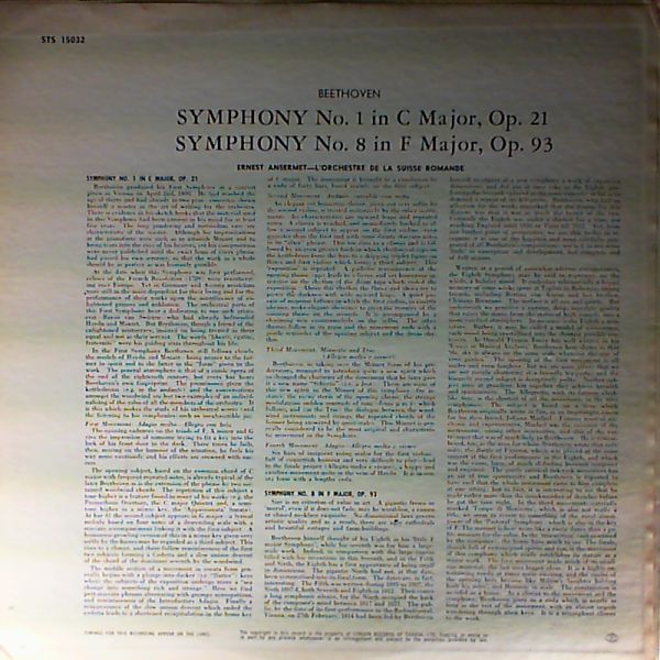 Orchestre De La Suisse Romande (cond. Ansermet E.) — Beethoven L. - SymphonyNo.1 In C-dur, Op.21. Symphony No.8in F-dur, Op.93
