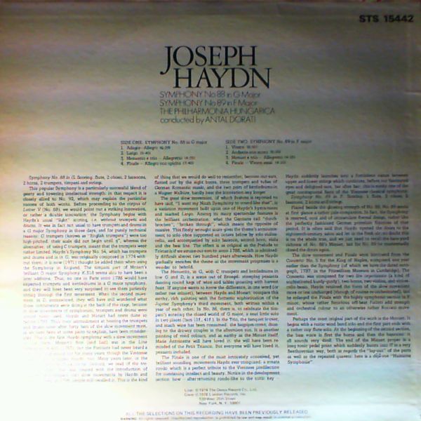 Philharmonia Hungarica (cond. Dorati Antal) — Haydn: symphony No. 88 in G-durr. Symphony No. 89 in F - durr