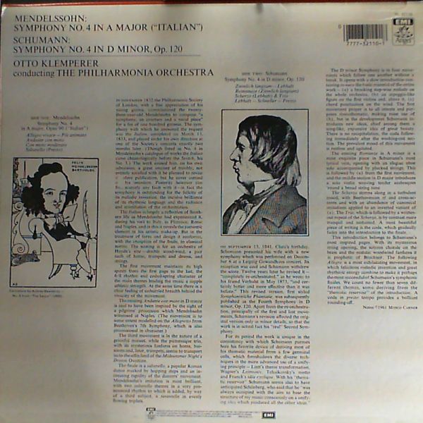 Philharmonia Orchestra — Mendelssohm - Sym. No. 4 "Italian", Schumann - Sym. No. 4 d-moll (con. Klemperer)