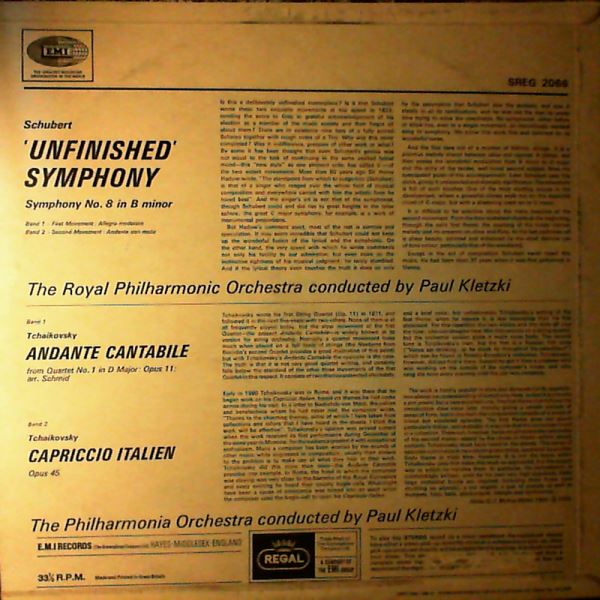 Royal Philharmonic Orchestra (cond. Kletzki P.) — Schubert - Symphony no. 8 "Unfinished", Tchaikovsky - Capriccio Italien, Andante Cantabile