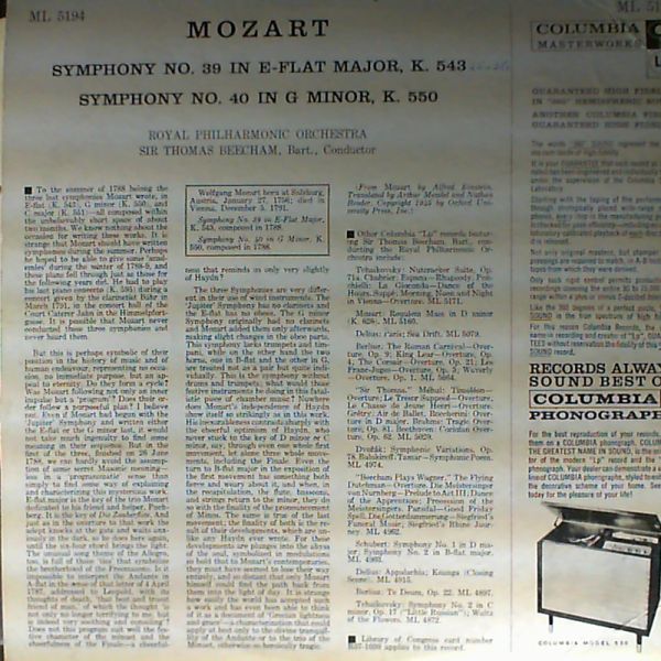 Royal Philharmons orchestra — Mozart: Symphony No.39 in E Flat Major, K.543; Symphony No. 40 in G Minor, K. 550 (con. Sir Thomas Beecham)