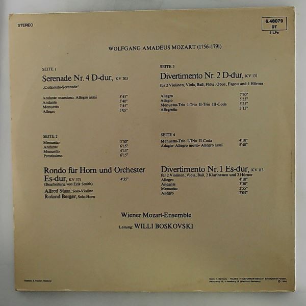 Wiener Mozart Ensemble (cond. Boskovsky Willi) — Mozart. Serenade Nr. 4 D-dur. Colloredo-serenade.