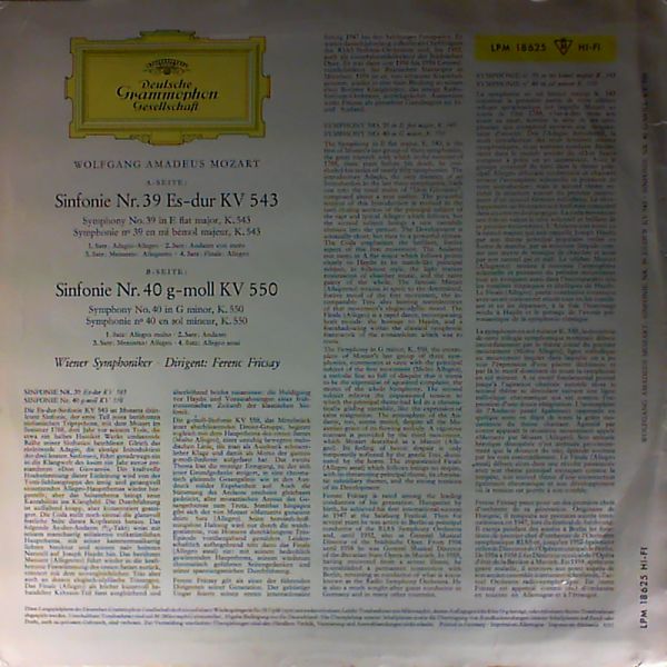 Wiener Symphoniker (cond. Fricsay F.) — Mozart - Sinfonien Nr.39 Es-dur KV 543, Nr.40 G-moll KV 550
