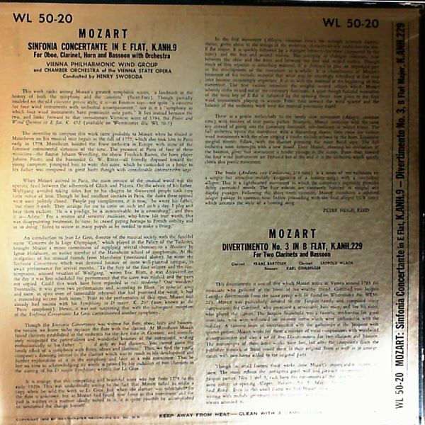 Wlach L./Bartosek F./Oehlberger K./Wind Group Vienna Philharmonic Orchestra/Chamber Orchestra of the Vienna State Opera (cond. Swoboda H.)/ — Mozart - Sinfonia Concertante in E flat dur K.App.9; Divertimento no. 3 in B flat dur K.app.229