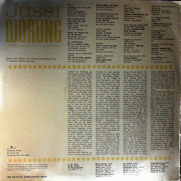 Bjorling Jussi — Grosse Sanger Der Vergangenheit (Verdi, Puccini, Giordano, Tosti, Borodin, Mascagni, Leoncavallo, Laparra, Hausmann, Rossini, Atterberg - Opera Arias)