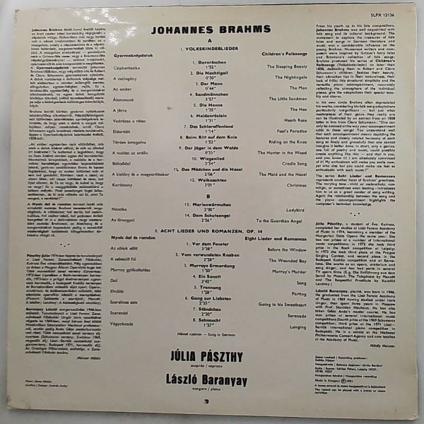 Paszthy Julia/Laszlo Baranyay (piano) — Brahms - Volkskinderlieder; Eight Lieder And Romances Op.14