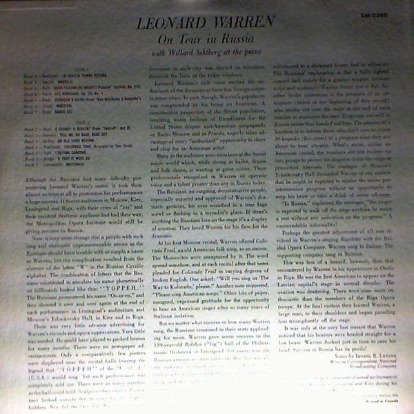 Warren Leonard — Beethoven, Caccini, Bach, Faure, Ravel, D'Indy, Bizet, Verdi, Giannini, Griffes, Tosti, Bridge, Leoncavallo (On Tour In Ruusia)