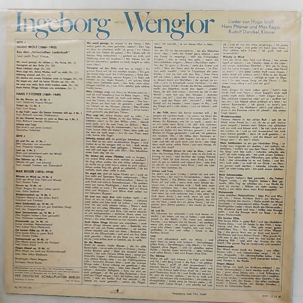 Wenglor Ingeborg — Lieder von Wolf Hugo, Reger Max, Pfitzner Hans
