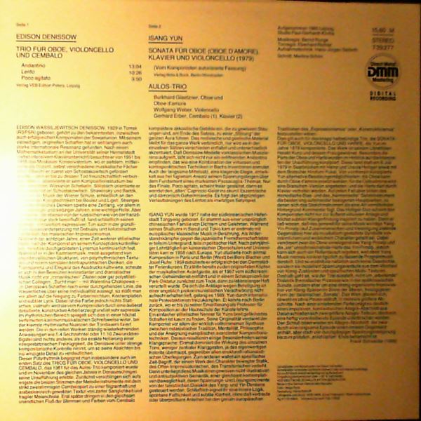 Aulos-Trio — Yun Isang - Trio Fur Oboe, Violoncello Und Cembalo / Denissow Edison - Sonate Fur Oboe (Oboe D'Amore), Klavier Und Violoncello