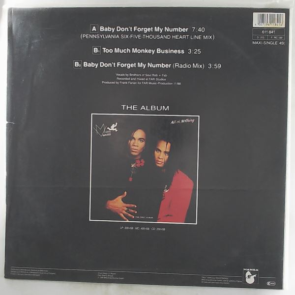 Milli Vanilli — Baby Don't Forget My Number / Too Much Monkey Business