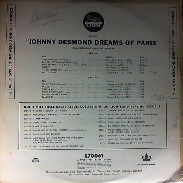 Desmond Johnny — Johnny Desmond dreams of Paris