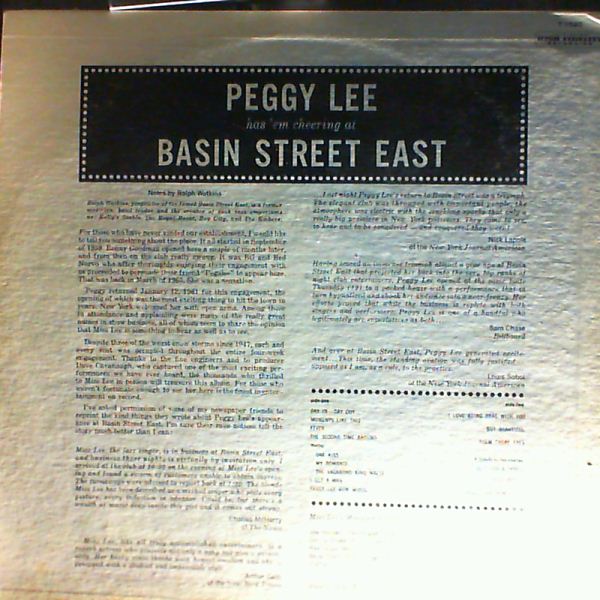 Lee Peggy — Basin Street East Proudly Presents Miss Peggy Lee Recorded At The Fabulous New York Club
