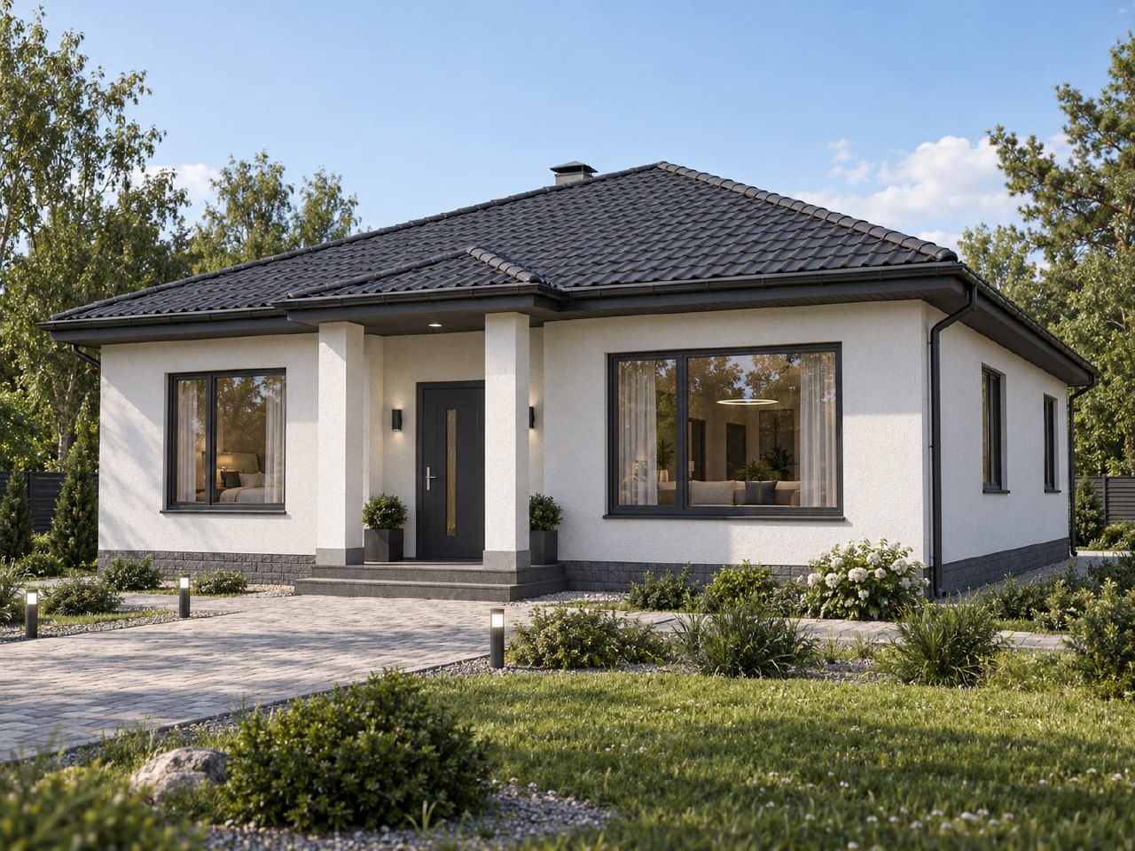 🏚Одноэтажный дом 12 × 10 м с тремя спальнями и кухней-гостиной 30 м²