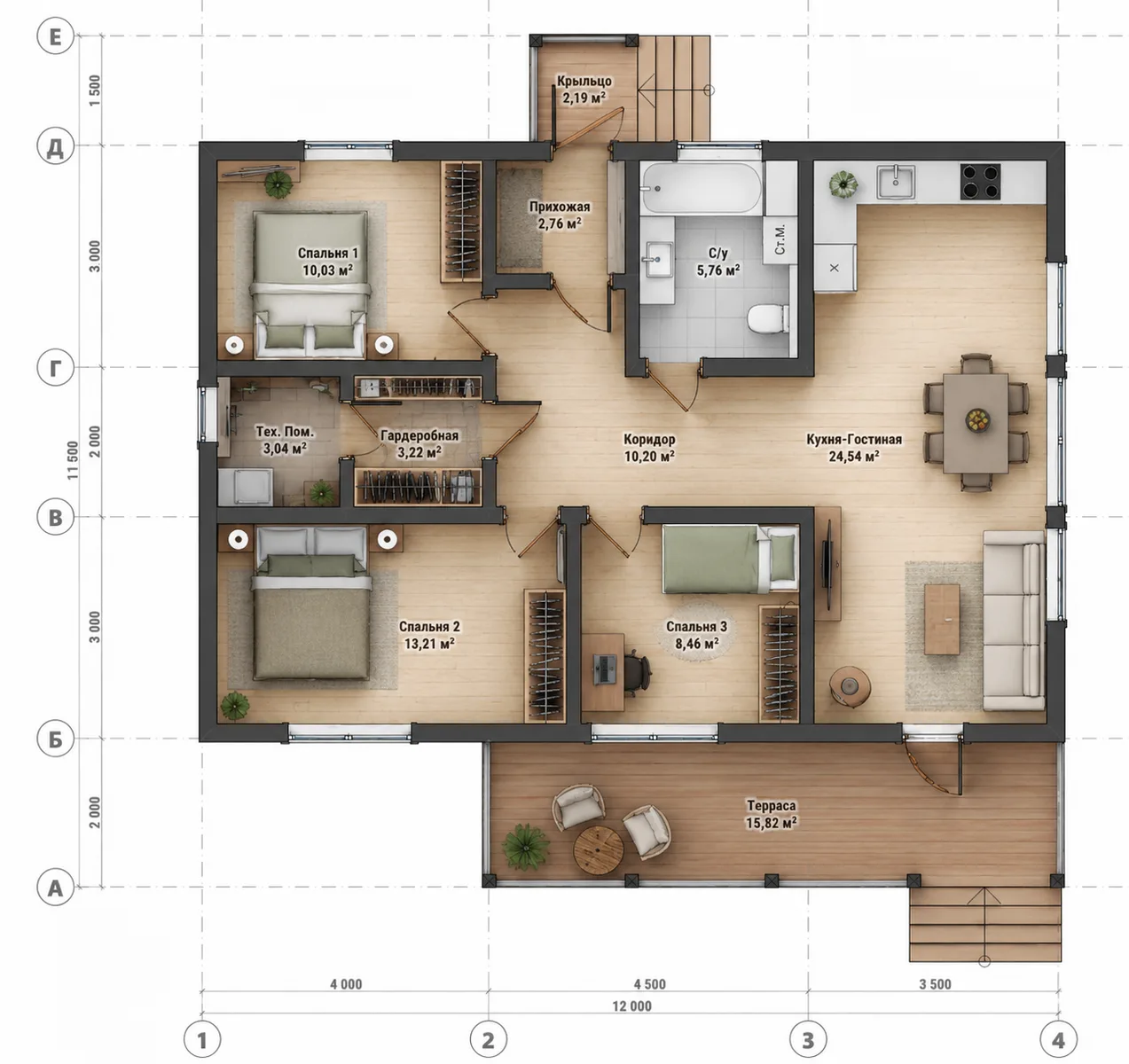 Планировка дома 8×12 м, 99,2 м²