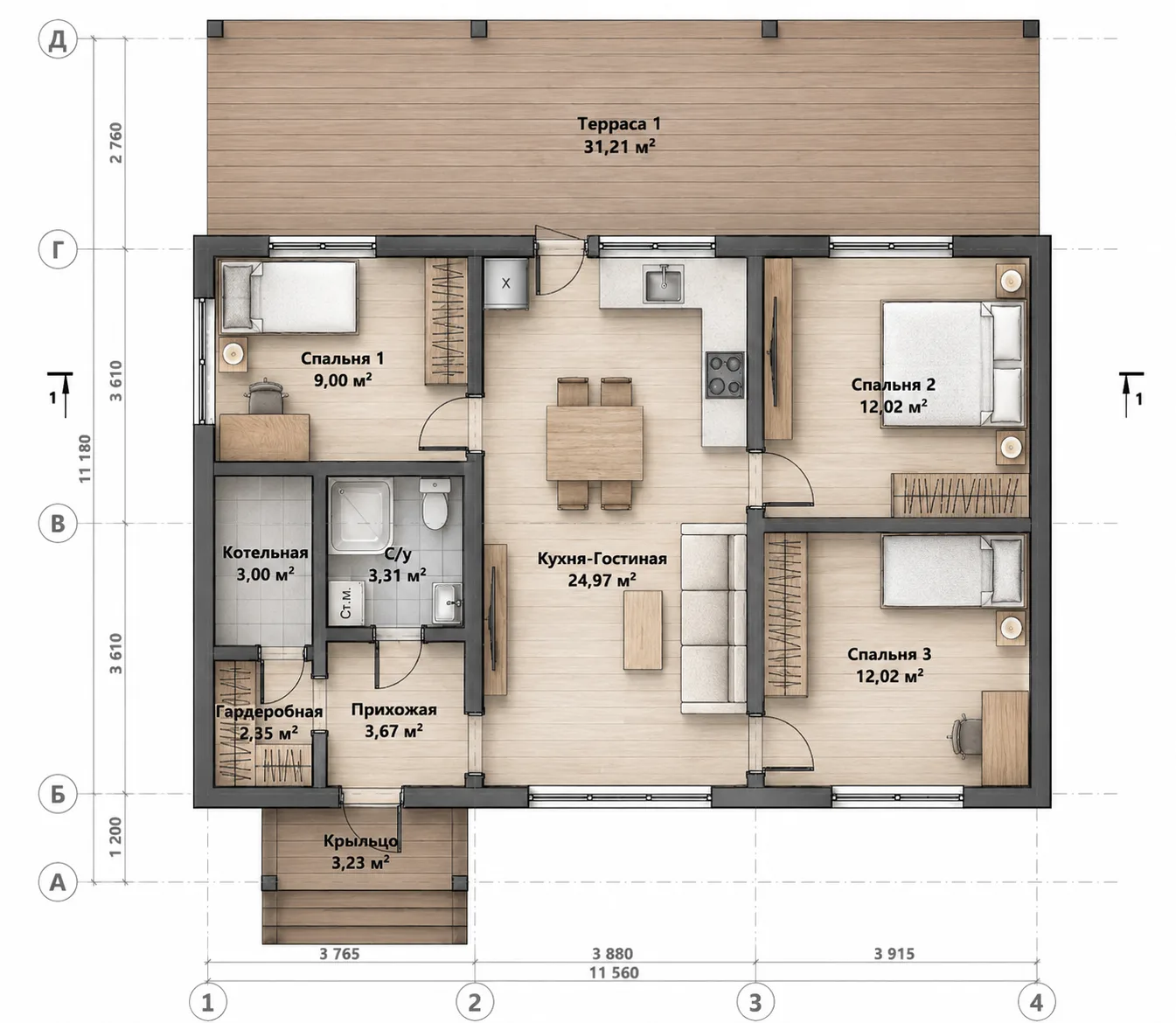 Планировка дома 11,56×7,22 м с террасой 31 м²