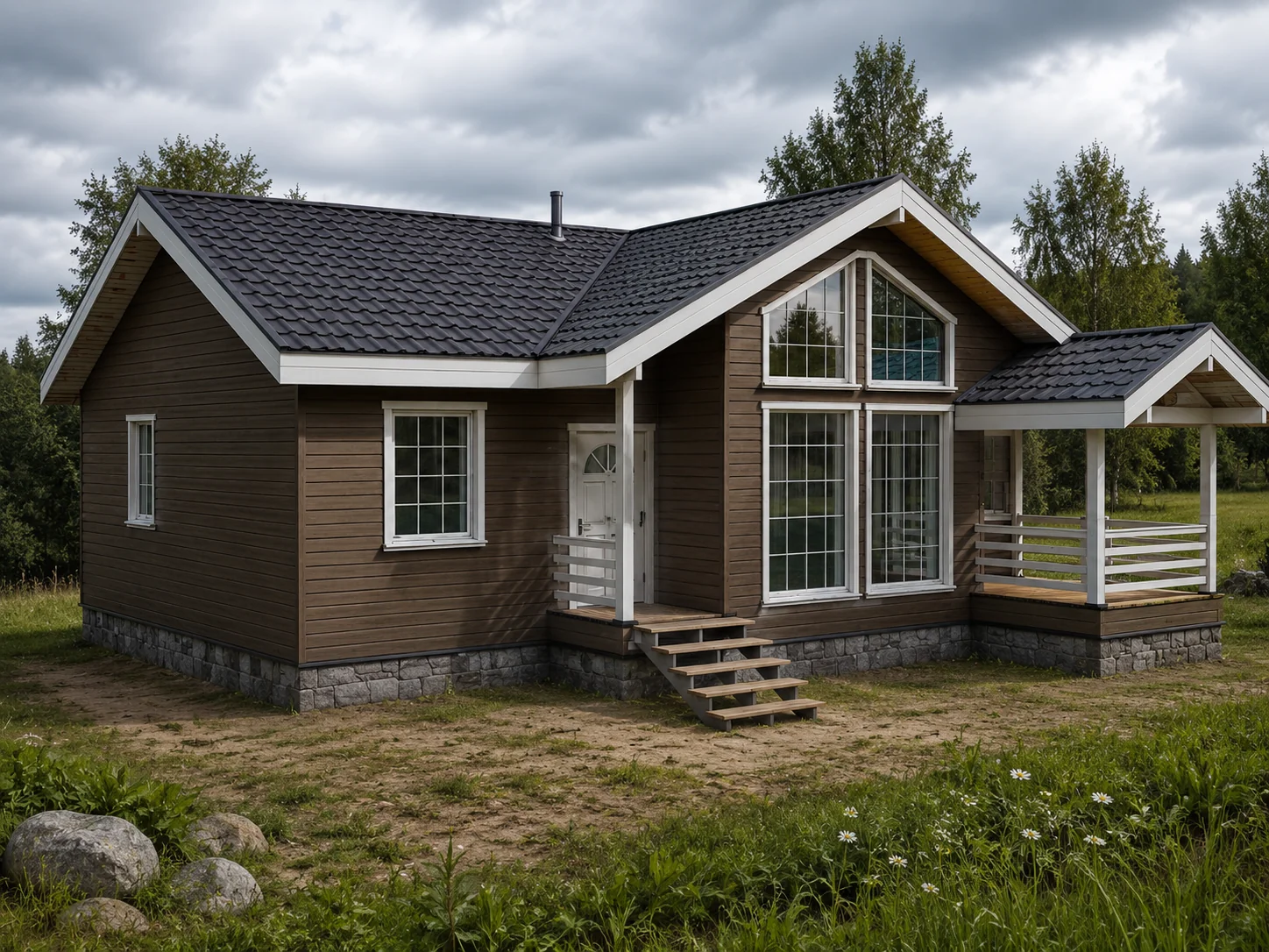 Одноэтажный каркасный дом 12,45×13,15 м с сауной, 114,5 м²