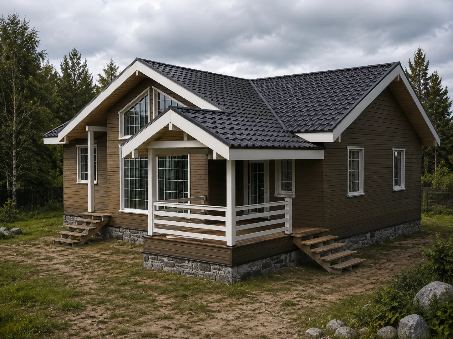 Дом 12,45×13,15 м, вид с угла с террасой