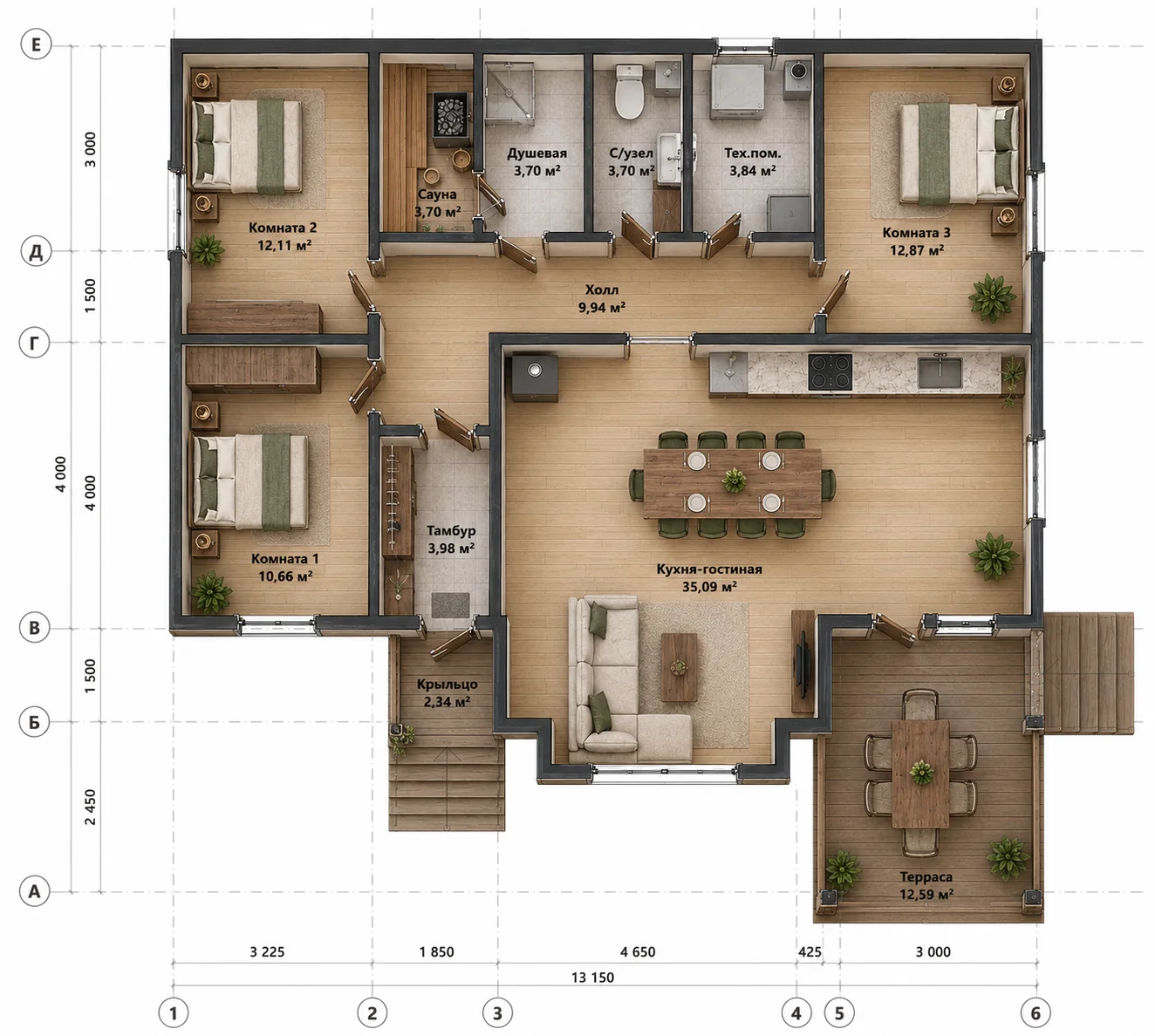 Планировка дома 12,45×13,15 м с сауной, душевой и тремя спальнями