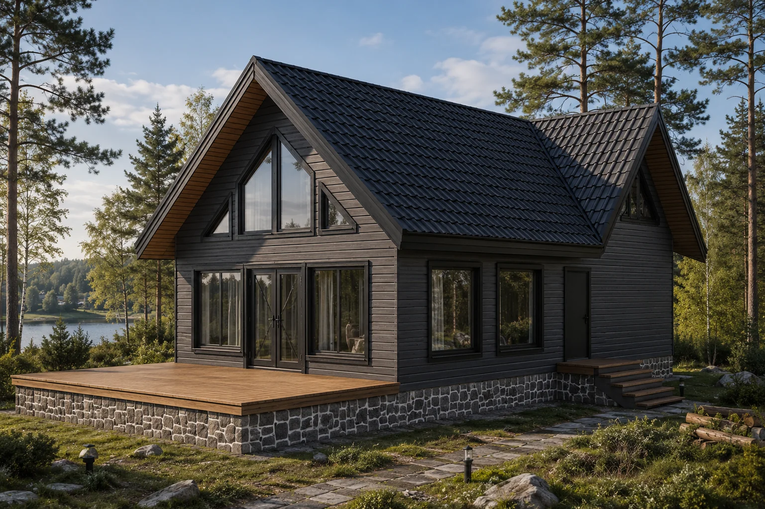 Двухэтажный каркасный дом 7×12 м с лофтом и вторым светом, 141,3 м²