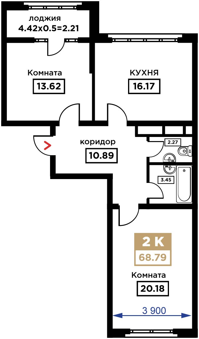 Планировка 2-комн. в ЖК «Сердце»