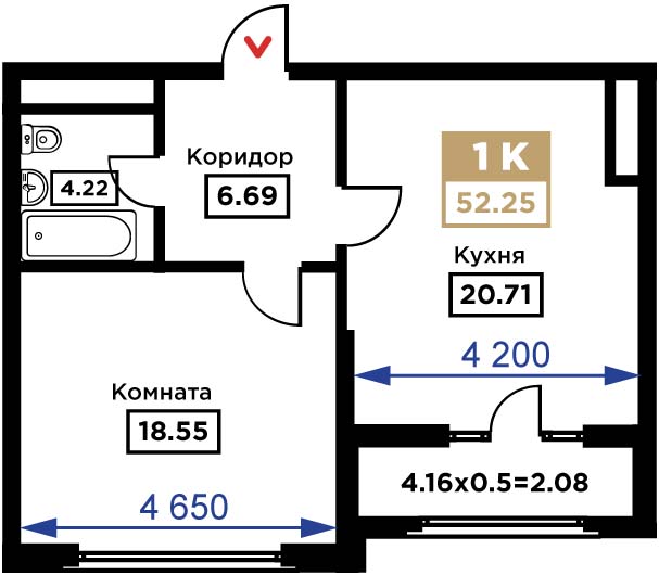 Планировка 1-комн. в ЖК «Сердце»
