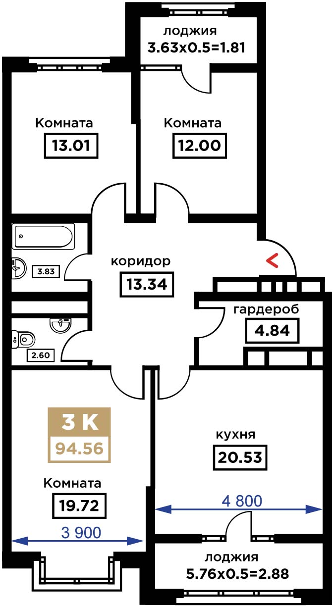 Планировка 3-комн. в ЖК «Сердце»
