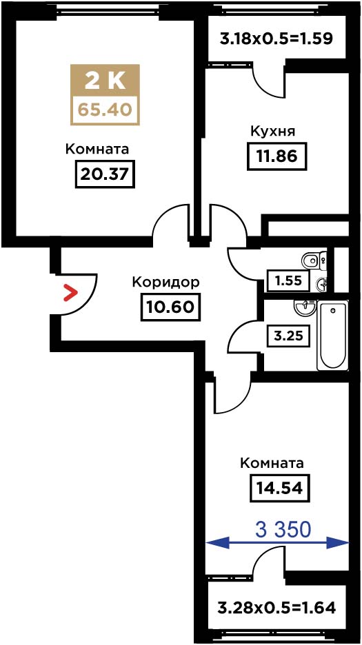 Планировка 2-комн. в ЖК «Сердце»