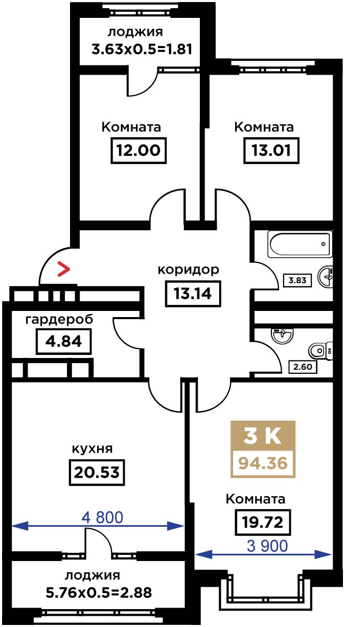 Планировка 3-комн. в ЖК «Сердце»