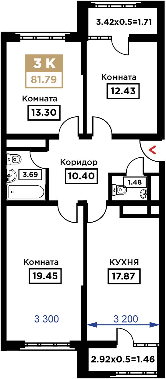 Планировка 3-комн. в ЖК «Сердце»