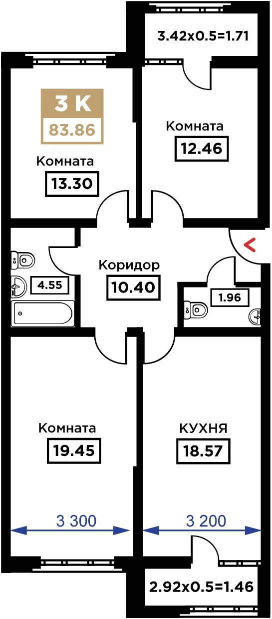 Планировка 3-комн. в ЖК «Сердце»
