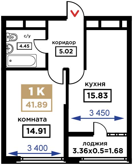 Планировка 1-комн. в ЖК «Сердце»