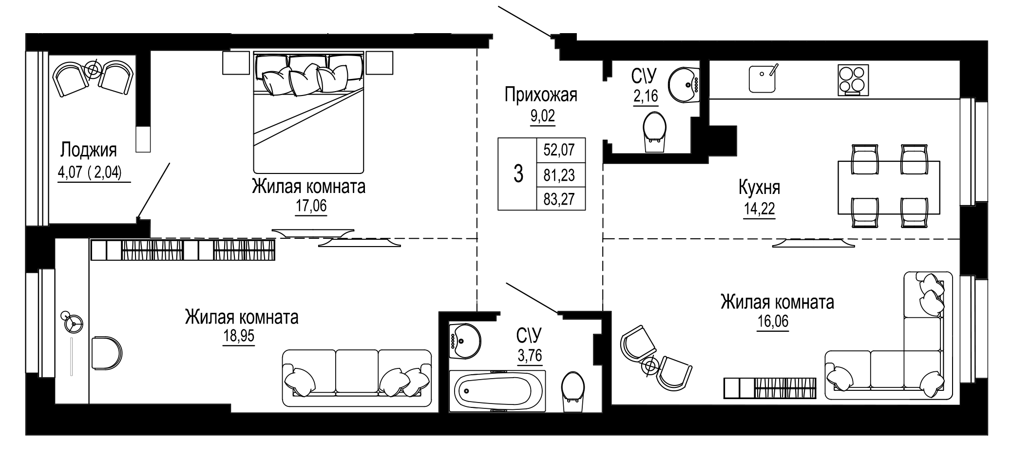 Планировка 3-комн. в ЖК «Донская слобода»