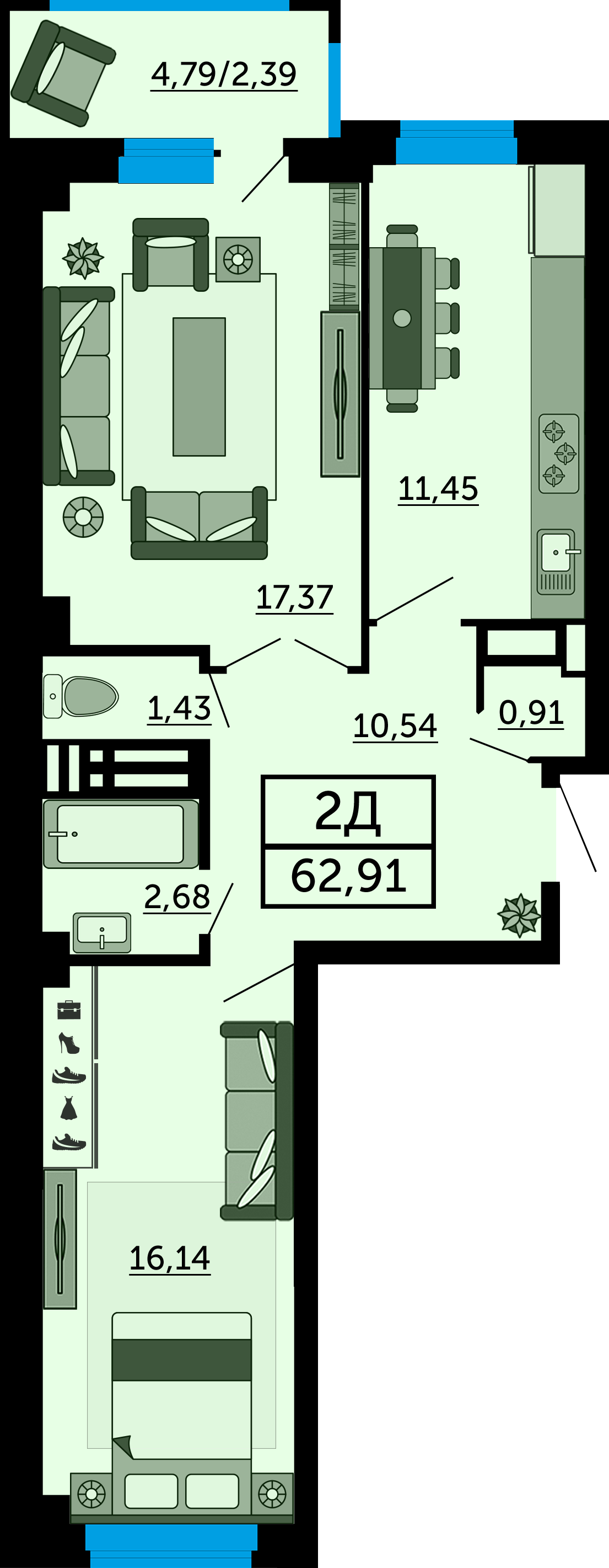 Планировка 2-комн. в ЖК «Four Premiers»