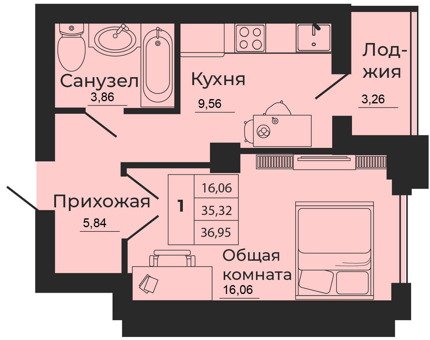 Планировка 1-комн. в ЖК «Мечта»
