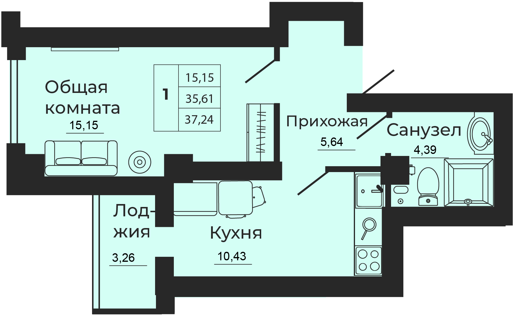 Планировка 1-комн. в ЖК «Мечта»