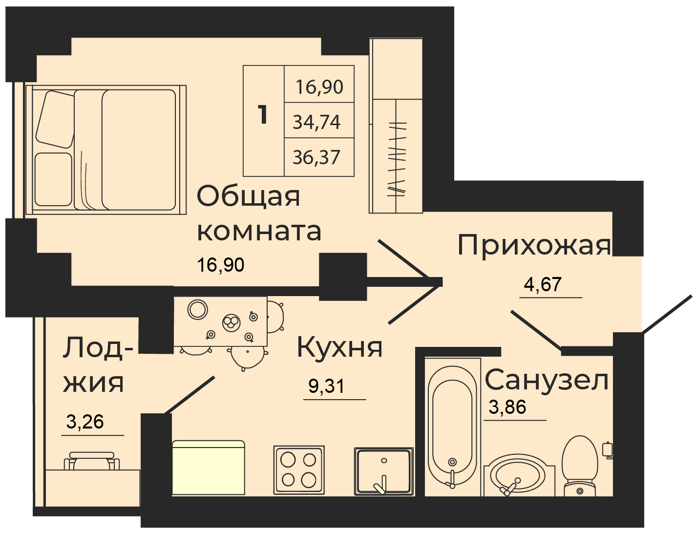 Планировка 1-комн. в ЖК «Мечта»
