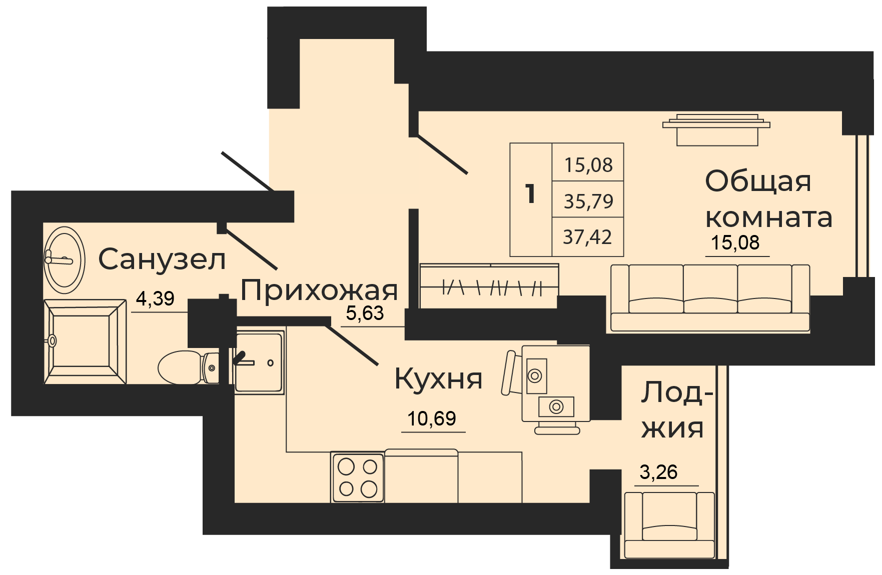 Планировка 1-комн. в ЖК «Мечта»