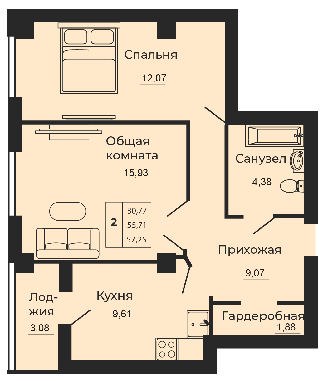 Планировка 2-комн. в ЖК «Мечта»