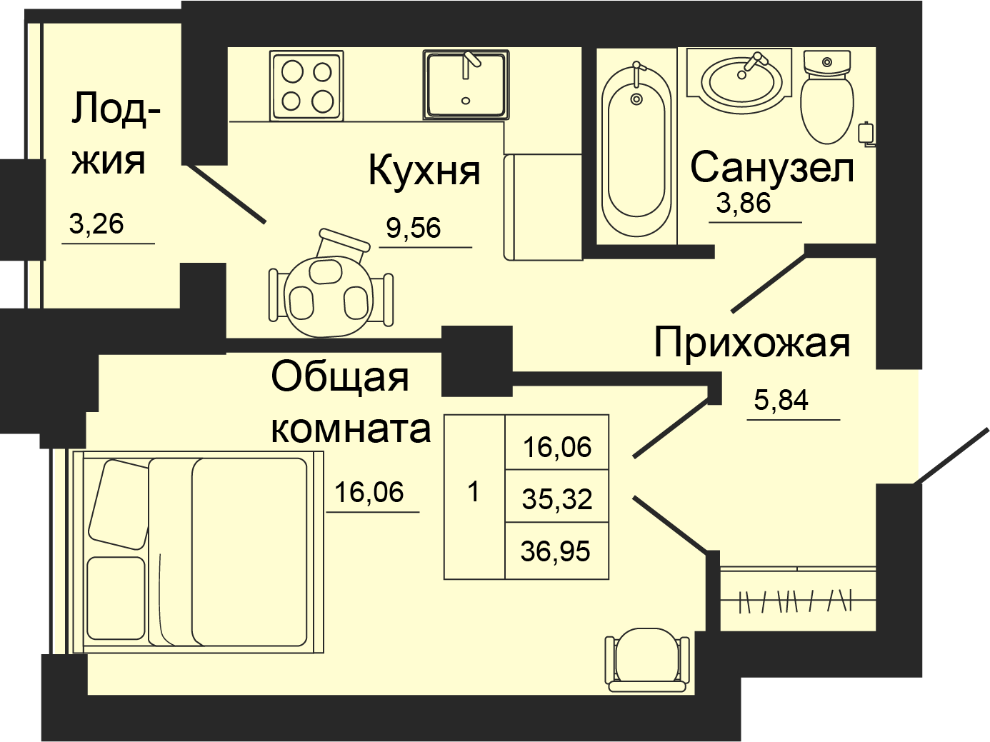 Планировка 1-комн. в ЖК «Мечта»