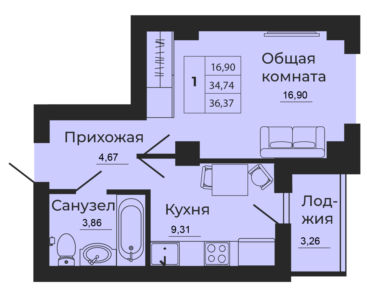 Планировка 1-комн. в ЖК «Мечта»