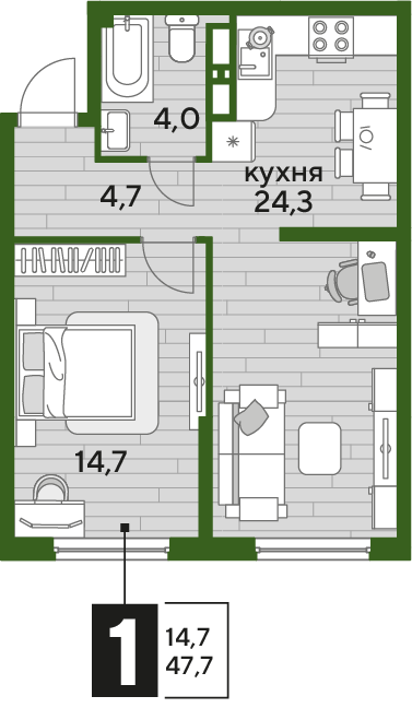 Планировка 1-комн. в ЖК «Догма Парк»