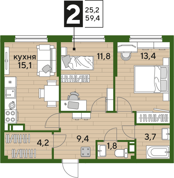 Планировка 2-комн. в ЖК «Догма Парк»