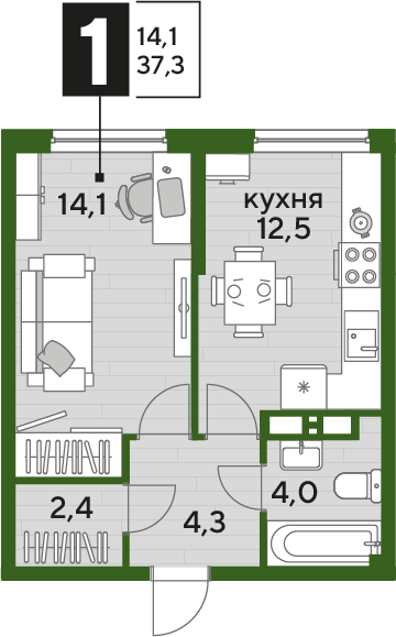 Планировка 1-комн. в ЖК «Догма Парк»