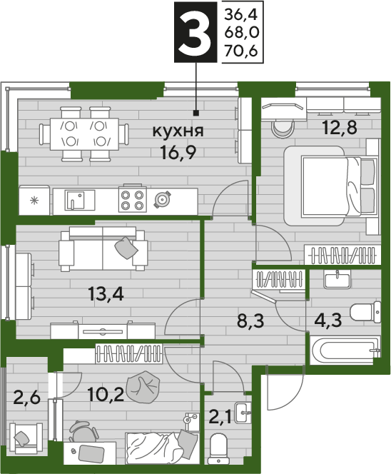 Планировка 3-комн. в ЖК «Догма Парк»