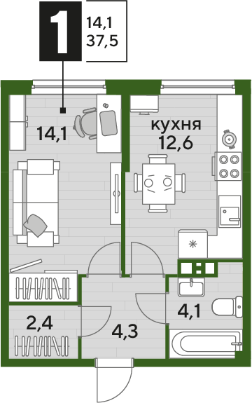 Планировка 1-комн. в ЖК «Догма Парк»